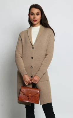 Assuili Gilet long en Cachemire mélangé col châle fourré thermique camel