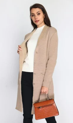 Assuili Gilet long en Cachemire mélangé col châle fourré thermique camel