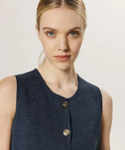 Femme Rodier Gilet Maëva 100% laine sans manches milano bleu denim