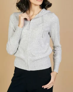Femme Cashmere Tribu Gilet zippé à capuche en Laine & Cachemire Erica gris chiné clair