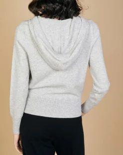 Femme Cashmere Tribu Gilet zippé à capuche en Laine & Cachemire Erica gris chiné clair