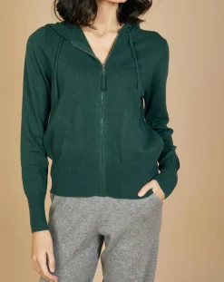 Femme Cashmere Tribu Gilet zippé à capuche en Laine & Cachemire Erica vert bouteille