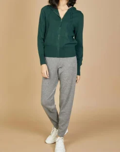 Femme Cashmere Tribu Gilet zippé à capuche en Laine & Cachemire Erica vert bouteille