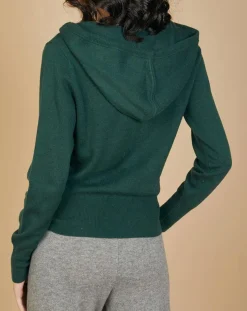 Femme Cashmere Tribu Gilet zippé à capuche en Laine & Cachemire Erica vert bouteille