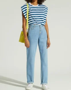 Femme Galeries Lafayette Jean en Coton Bio Capri boutons bleu clair