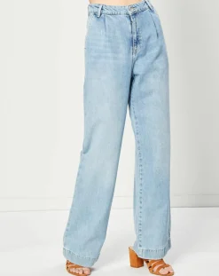Femme Esprit Jean Wide en Coton & Lin mélangés à taille haute bleu clair