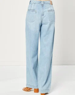 Femme Esprit Jean Wide en Coton & Lin mélangés à taille haute bleu clair