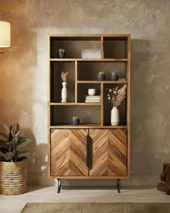 Uniqka Kappa - Petite bibliothèque industrielle en teck maffis recyclé avec motif chevron 100 cm