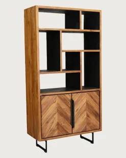 Uniqka Kappa - Petite bibliothèque industrielle en teck maffis recyclé avec motif chevron 100 cm