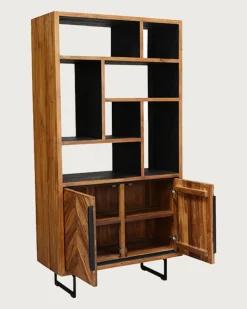 Uniqka Kappa - Petite bibliothèque industrielle en teck maffis recyclé avec motif chevron 100 cm