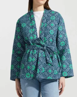 Femme Garance Paris Kimono ceinturé Nougat imprimé bleu/vert