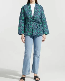 Femme Garance Paris Kimono ceinturé Nougat imprimé bleu/vert