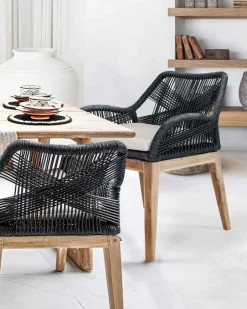 Uniqka Lot de 4 chaises Santorini en teck massif et cordage gris