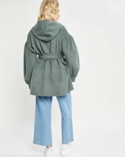 New Lou Andrea Manteau 3/4 léger 100% Laine à capuche kaki