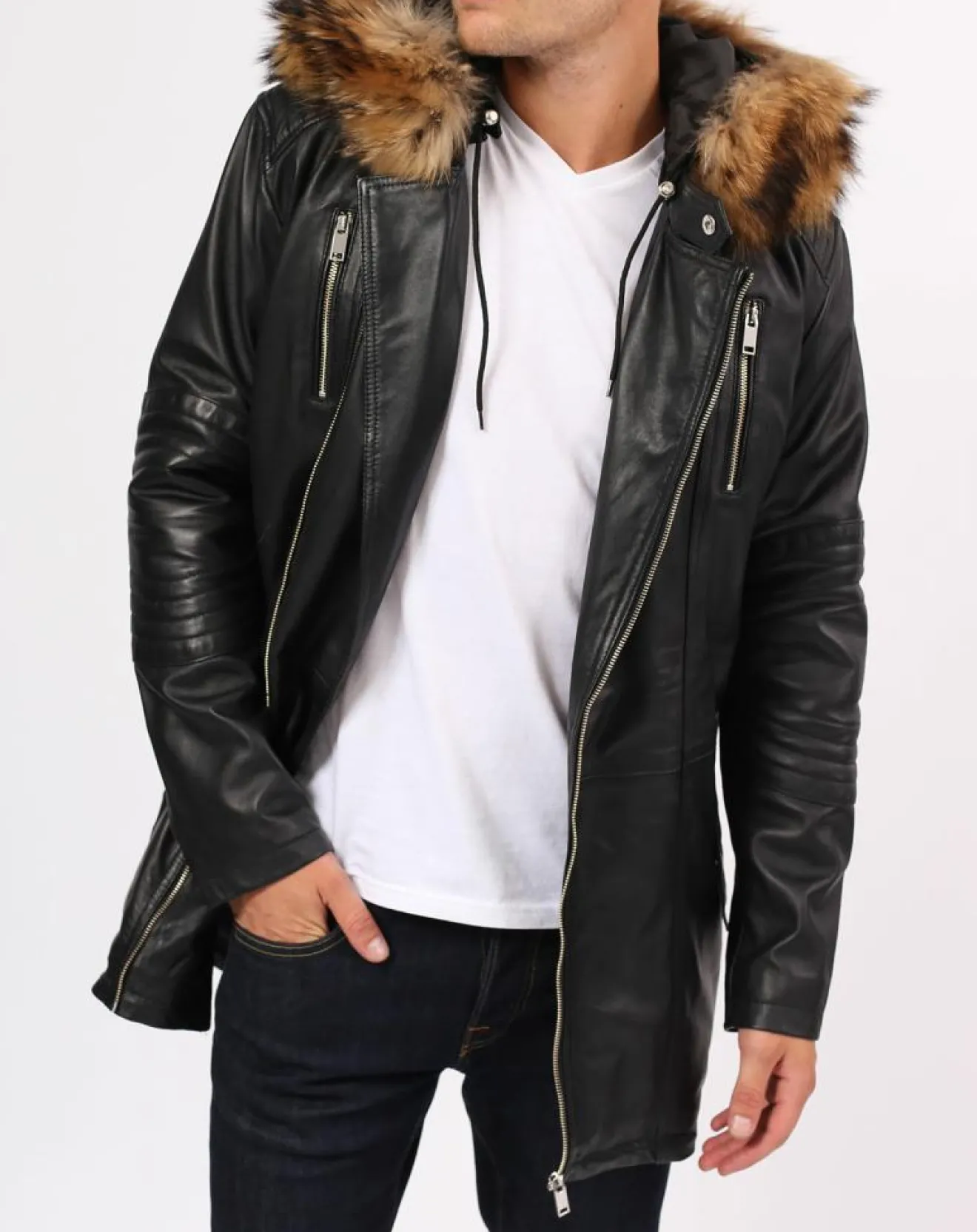 Homme Blue Wellford Manteau en Cuir Saint Tropez noir