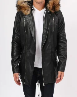 Homme Blue Wellford Manteau en Cuir Saint Tropez noir