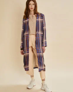 Femme Chloé Stora Manteau léger satiné Greg à carreaux marine/beige