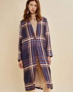 Femme Chloé Stora Manteau léger satiné Greg à carreaux marine/beige