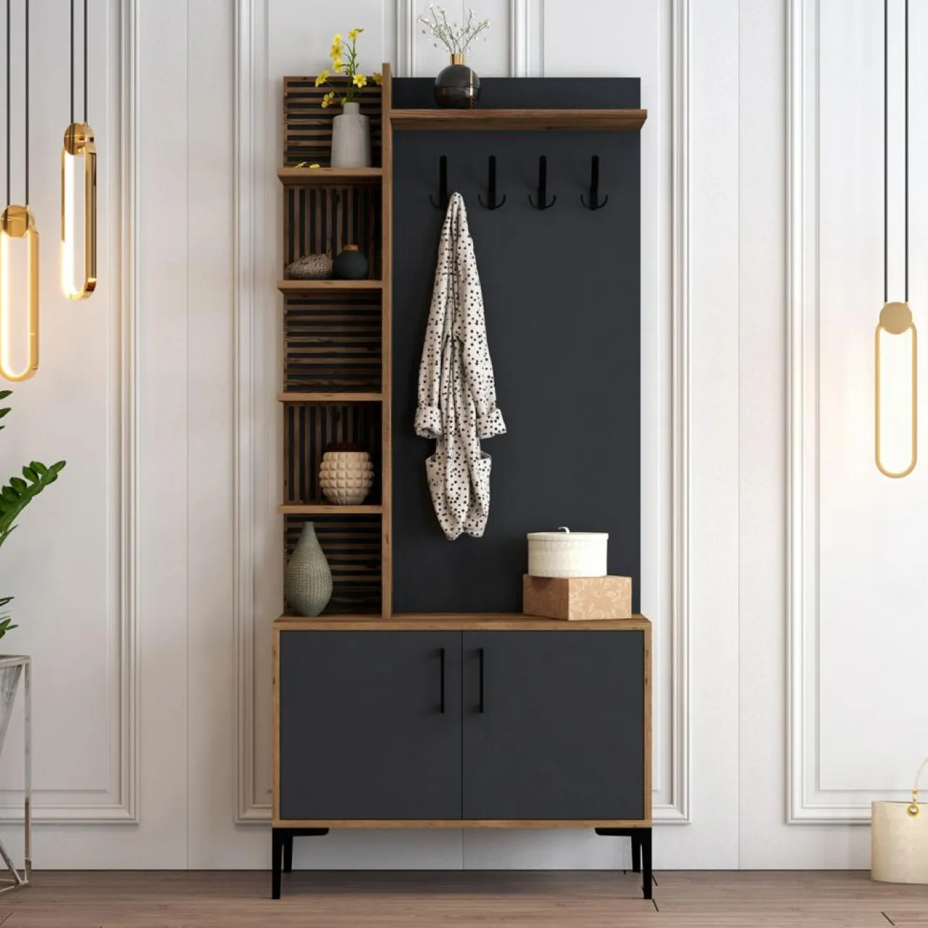 Sale Wooden Art Meuble d'entrée Viyana noyer/anthracite - 90x200x35 cm