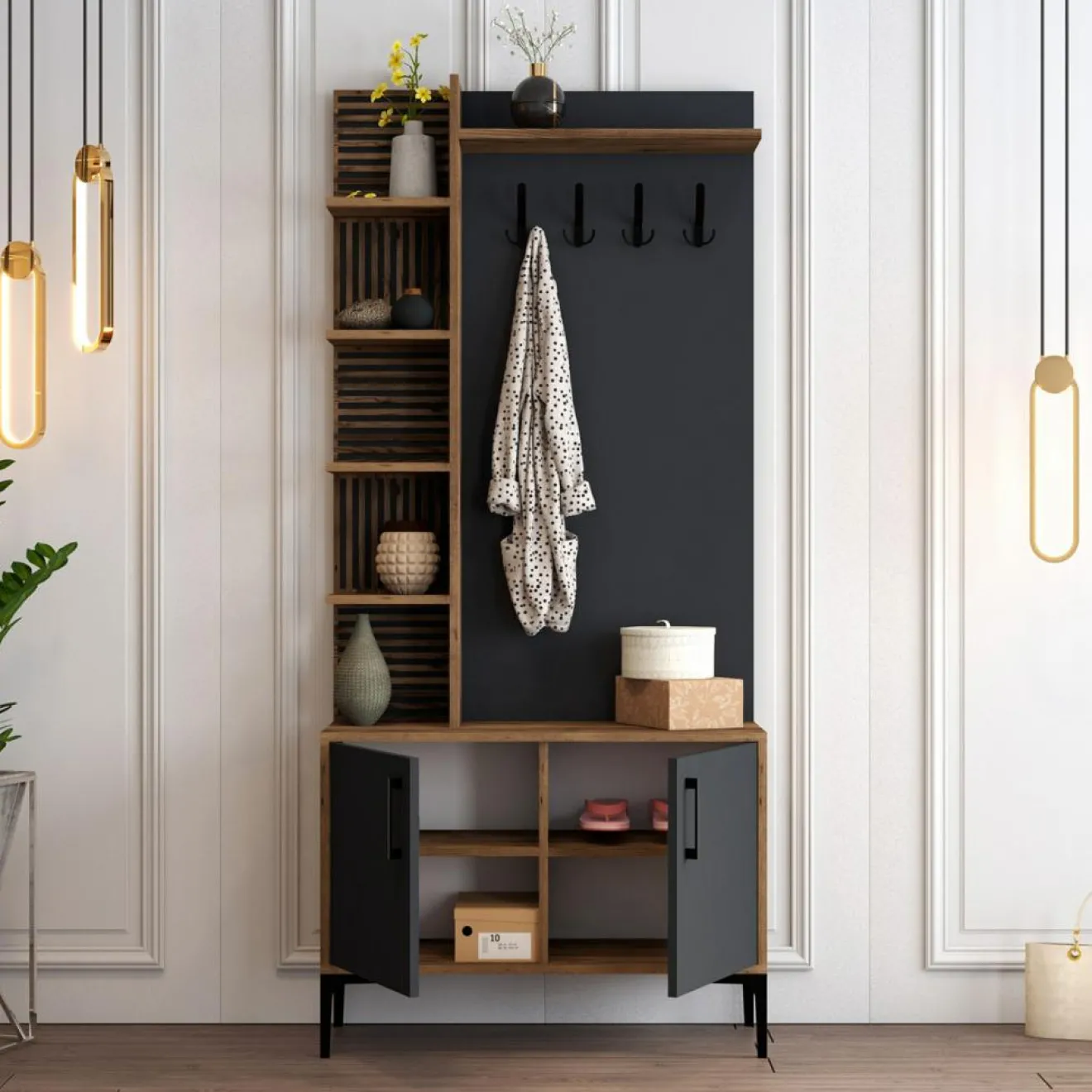 Sale Wooden Art Meuble d'entrée Viyana noyer/anthracite - 90x200x35 cm