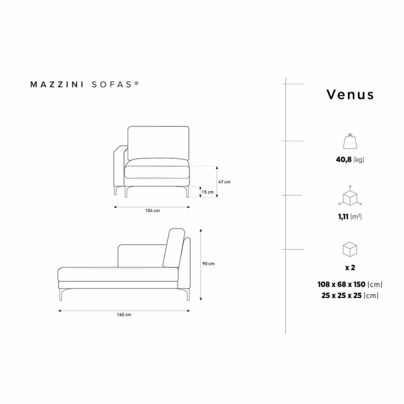 New Mazzini Sofas Méridienne Velours Gauche Venus grise - 160x104x90 cm