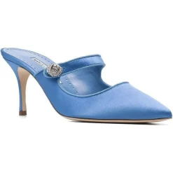 Femme Manolo Blahnik Mules en Satin Camparimu bleues - Talon 7 cm