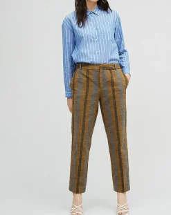 Outlet Chloé Stora Pantalon en Coton & Lin rayé Pavel marron
