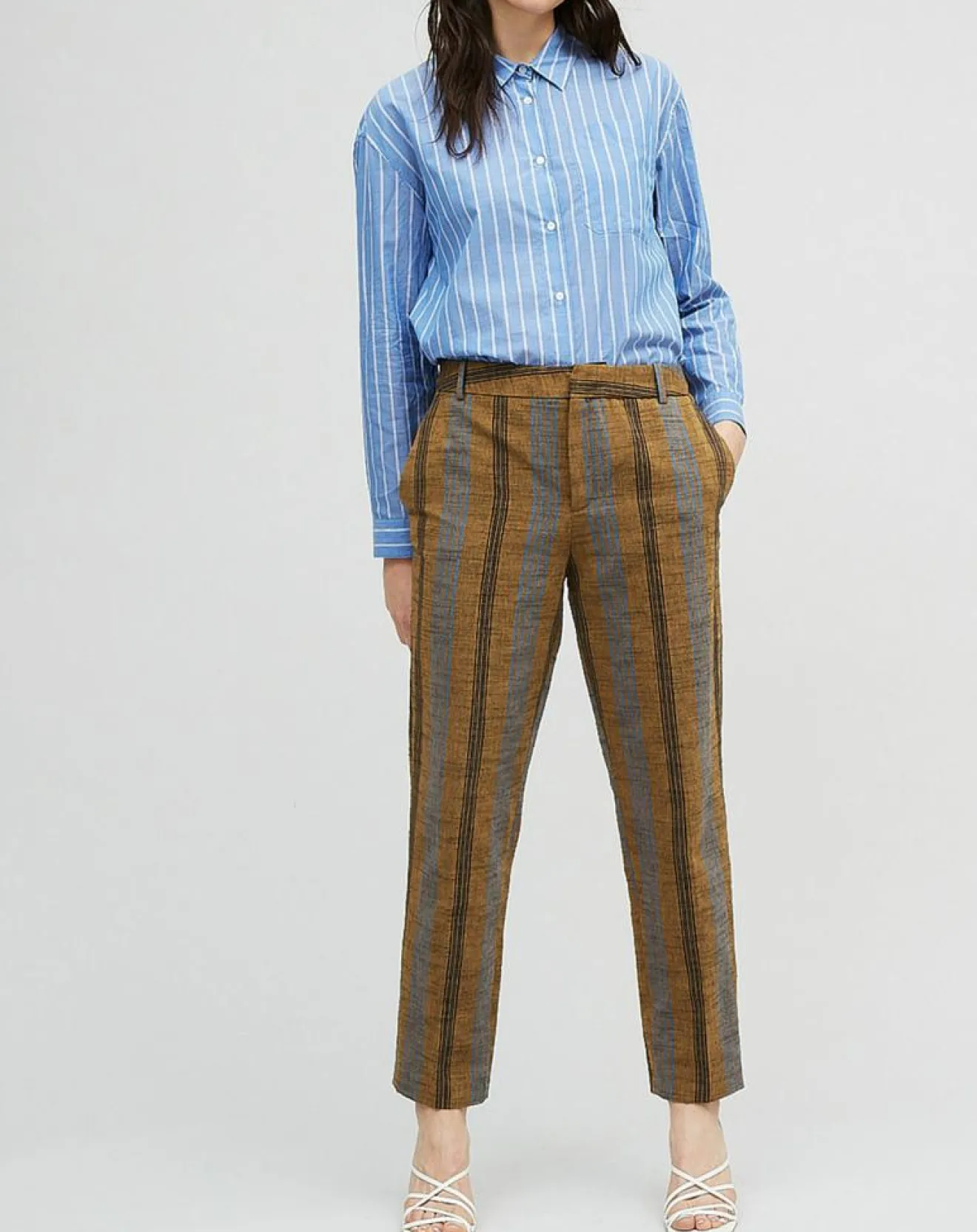 Outlet Chloé Stora Pantalon en Coton & Lin rayé Pavel marron