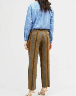 Outlet Chloé Stora Pantalon en Coton & Lin rayé Pavel marron