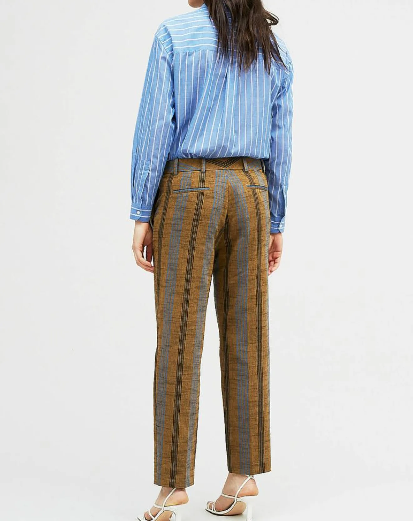 Outlet Chloé Stora Pantalon en Coton & Lin rayé Pavel marron