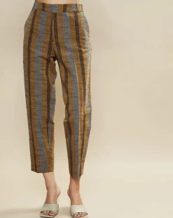 Outlet Chloé Stora Pantalon en Coton & Lin rayé Pavel marron