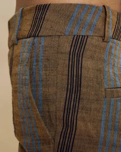 Outlet Chloé Stora Pantalon en Coton & Lin rayé Pavel marron