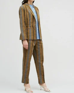 Outlet Chloé Stora Pantalon en Coton & Lin rayé Pavel marron