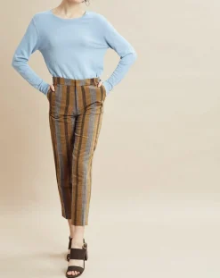 Outlet Chloé Stora Pantalon en Coton & Lin rayé Pavel marron