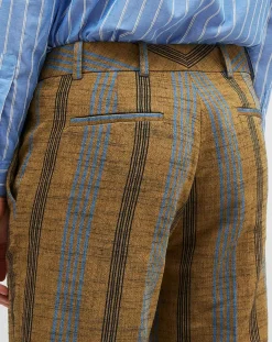 Outlet Chloé Stora Pantalon en Coton & Lin rayé Pavel marron