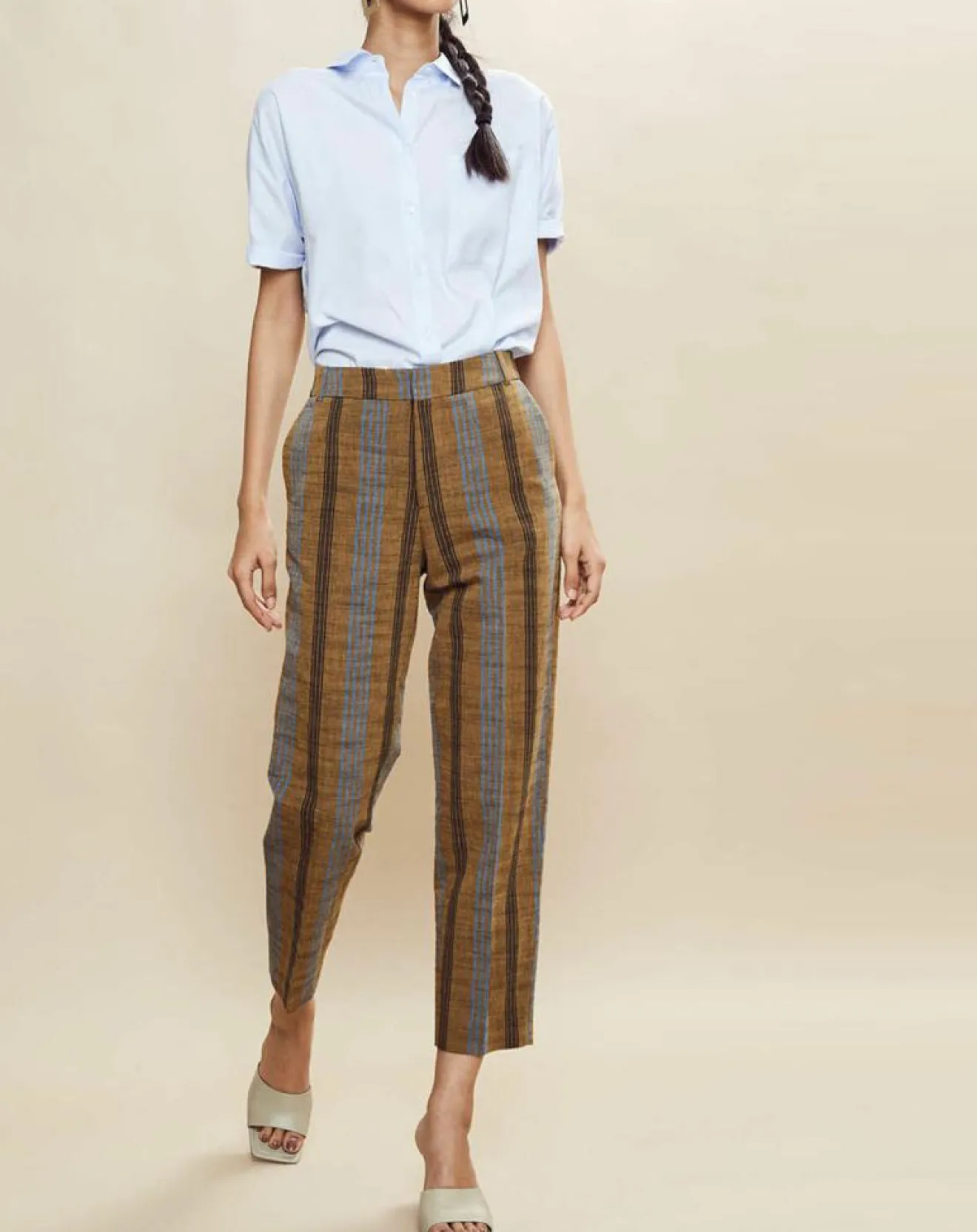 Outlet Chloé Stora Pantalon en Coton & Lin rayé Pavel marron