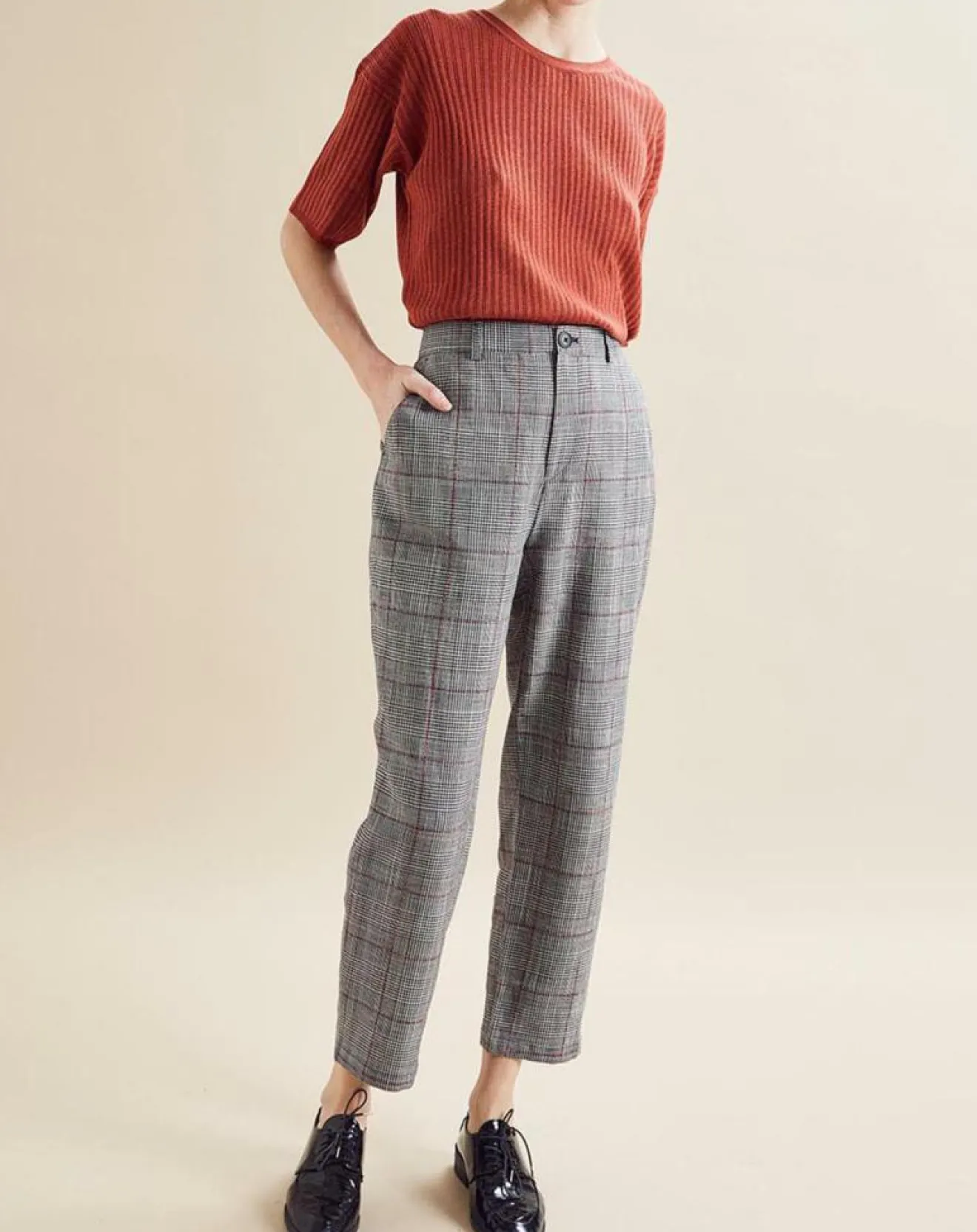 Femme Chloé Stora Pantalon en Lin mélangé Porto pied-de-poule noir/écru