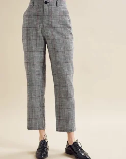 Femme Chloé Stora Pantalon en Lin mélangé Porto pied-de-poule noir/écru