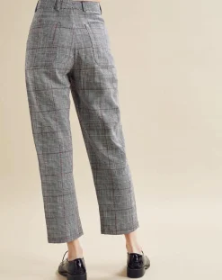 Femme Chloé Stora Pantalon en Lin mélangé Porto pied-de-poule noir/écru