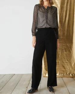 Hot Cyrillus Pantalon large en Panne de Velours noir foncé