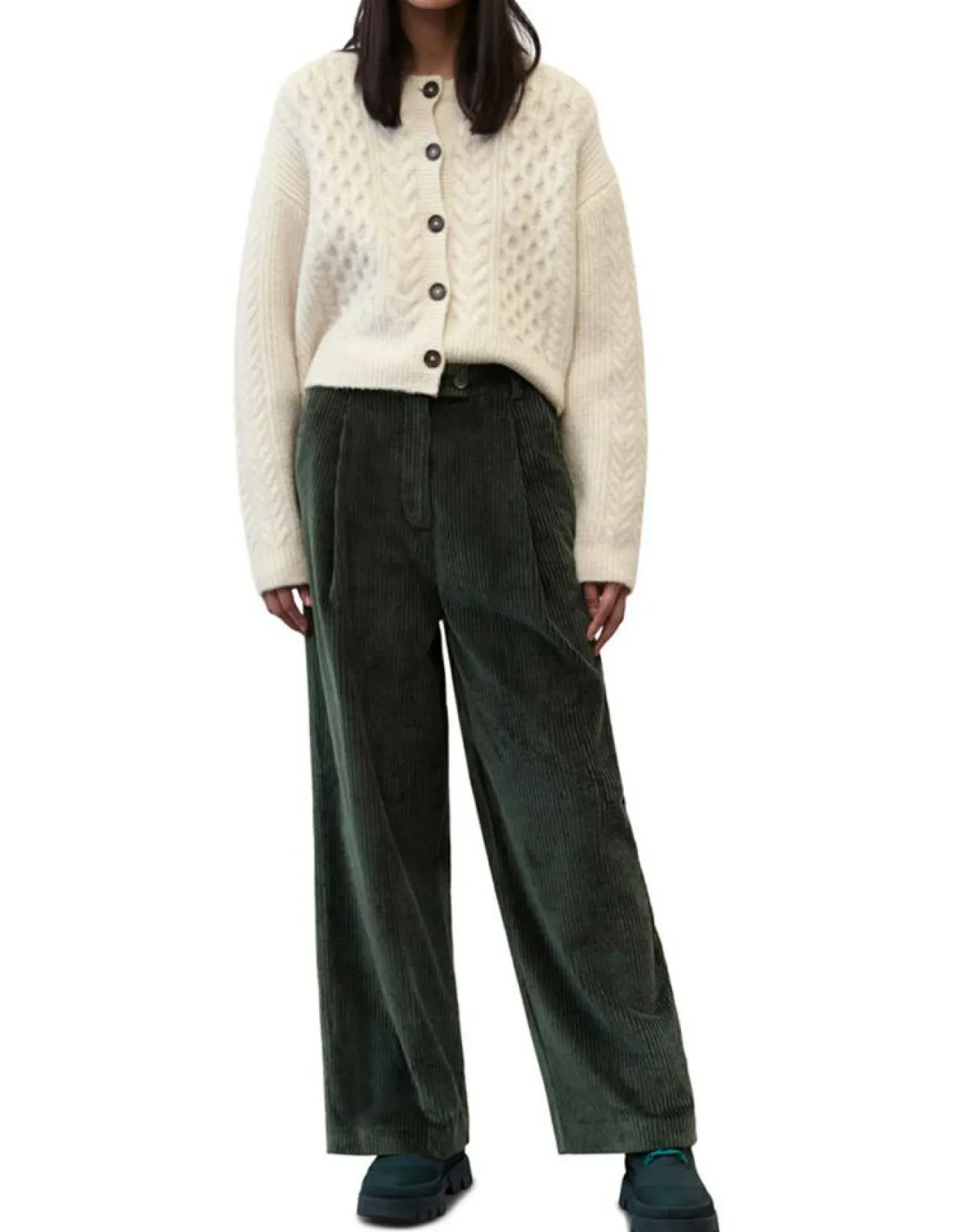 Best Marc O'Polo Pantalon large en Velours côtelé à revers vert foncé