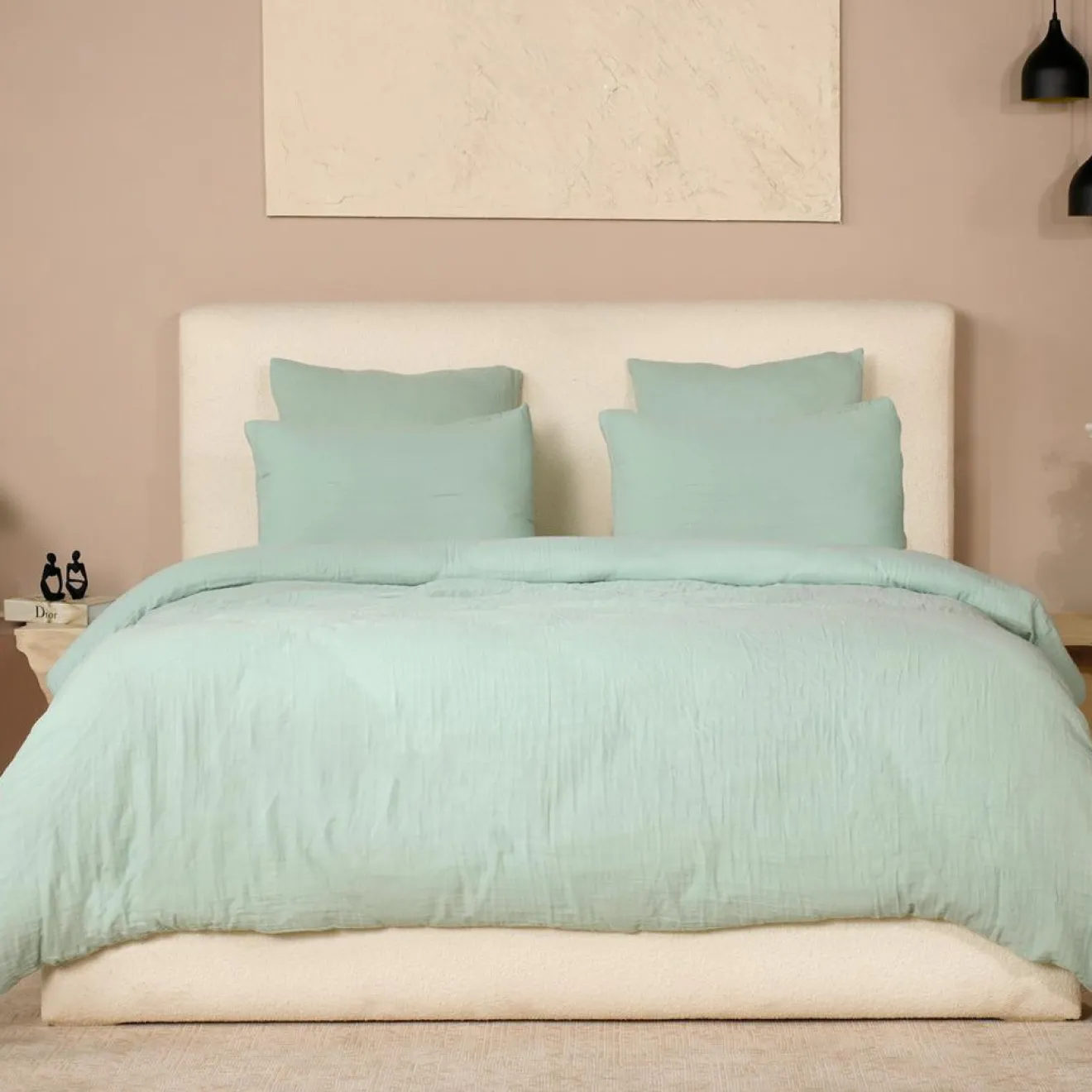 Ateliers du Linge Parure de Couette 3 pcs 100% Gaze de Coton Lavé vert givrée