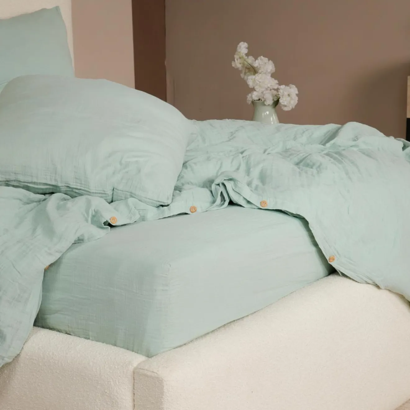 Ateliers du Linge Parure de Couette 3 pcs 100% Gaze de Coton Lavé vert givrée