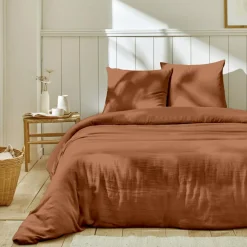 Home Collection Parure housse de couette 100% Gaze de Coton terre cuite