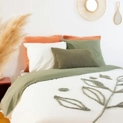 Home Collection Parure housse de couette Herbier blanc/kaki