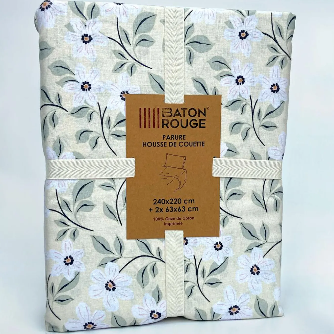 Baton Rouge Parure Housse de Couette 100% Gaze de Coton Imprimé Loucile blanche