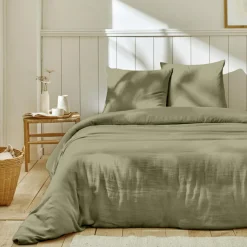 Best Home Collection Parure housse de couette 100% Gaze de Coton vert de gris