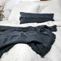 Bed and Philosophy Plaid en lin & coton finitions frangées noir 150x180cm