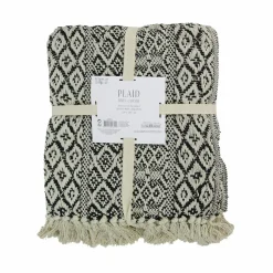Home Deco Factory Plaid ethnique frange motif carreaux ecru/noir - 150x120 cm