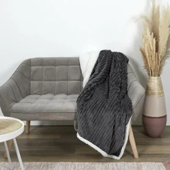 Home Deco Factory Plaid flanelle cotelé sherpa gris - 180x220 cm